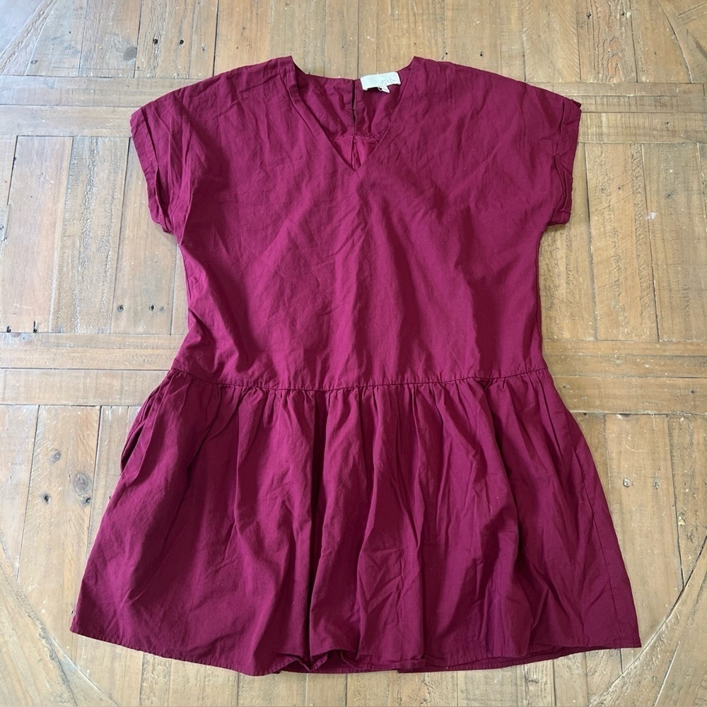 Pinch Drop Waist Dress Large Maroon Burgundy Pocket V-neck Minimalist Mini